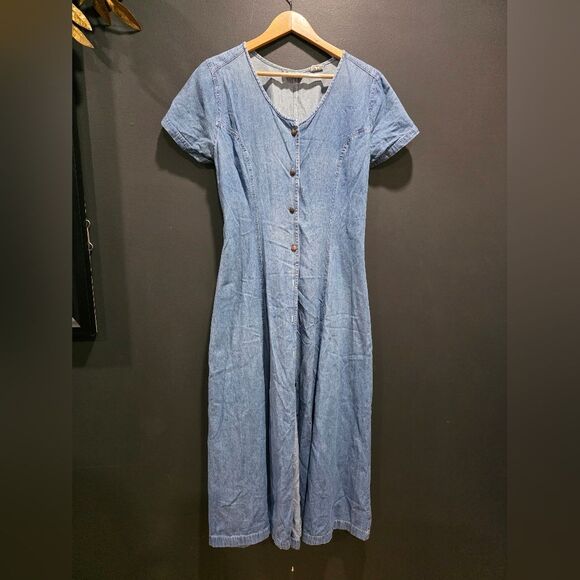 Vintage Cotton Denim Maxi Button Up Maxi dress Sz L Chambray V Neck Short Sleeve - Picture 1 of 13